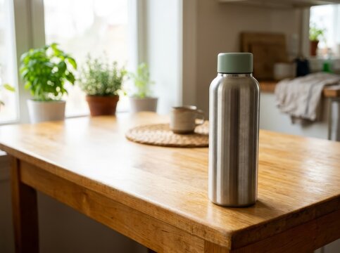 Stainless steel water bottle on a wooden table in a bright, minimalist kitchen with plants
