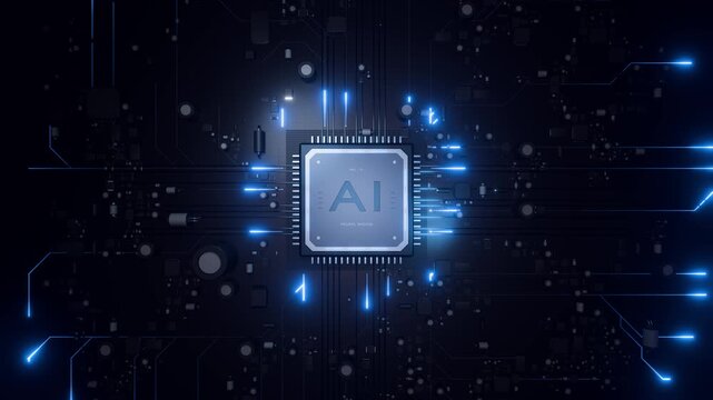 Powerful AI processor on a circuit board processing digital information. Central computer processor turning on and glowing with blue energy. 3d animation