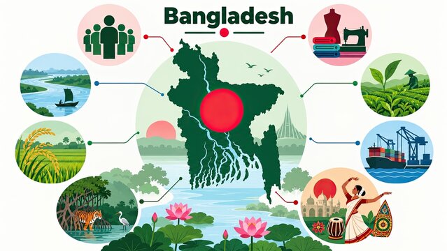 Bangladesh map illustration surrounded by national culture, people, wildlife, landscapes, agriculture, landmarks, and economic symbols.
