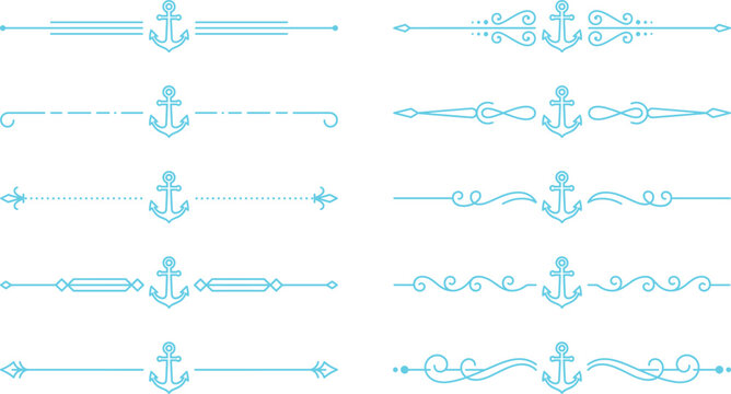 Nautical anchor dividers set with blue flourishes and decorative lines for wedding cards.