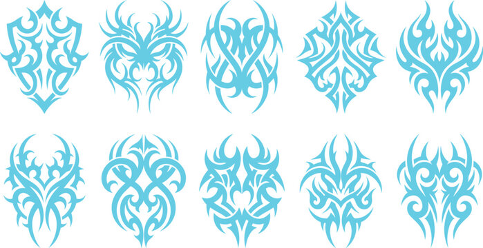 Cyan tribal tattoo motifs with symmetrical sharp flame patterns for creative body art ideas.