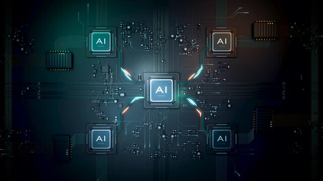 Central processing unit with AI logo sending and receiving data on a futuristic circuit board. Neural network and machine learning concept. 3d animation