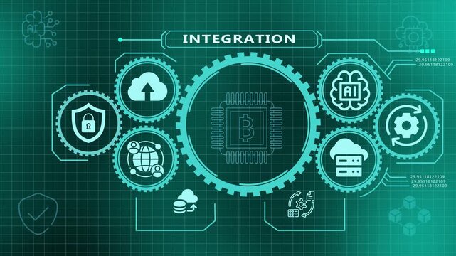 Futuristic HUD interface showing cloud data integration with animated gear icons.