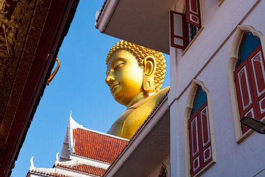 golden buddha statue framed by temple windows in bangkok thailand