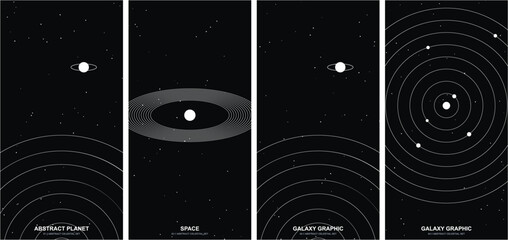 Abstract celestial galaxy set featuring minimalist white space planets and planetary ring graphics on black backgrounds. © Farjana CF- 2969560