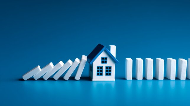 Hedging, Business Risk Management, Preventing Financial Losses. Real Estate Insurance: House Model Shielding from Falling Domino Blocks, Copy Space Available