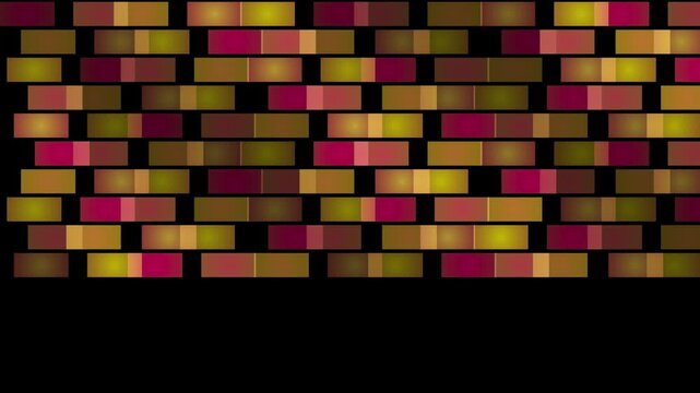 A loopable graphic of multicolored rectangular blocks arranged in a bricklike pattern over a black background