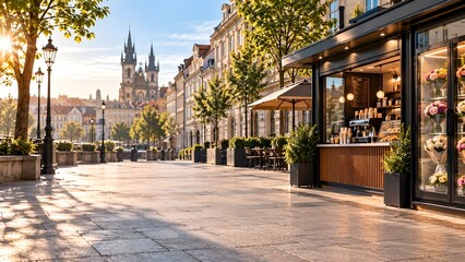 Fototapeta premium European City Street Background with Open Copy Space for Vehicle and Product Placement