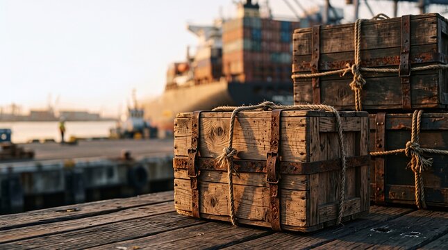 Rustic wooden shipping crates sitting on a dock near a large container ship at sunset