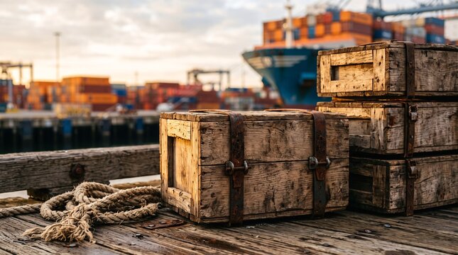 Rustic wooden shipping crates sitting on a dock near a large container ship at sunset