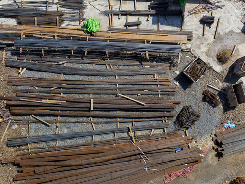 Aerial view of stacked steel rebar rods at a construction site in Istanbul, Istanbul, Turkiye.