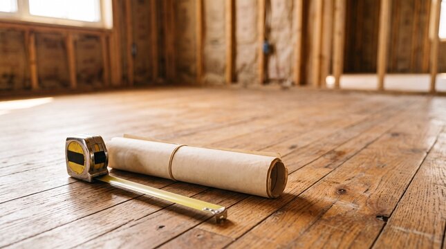 Tape measure and house plans placed on the raw wooden floor inside a home under construction