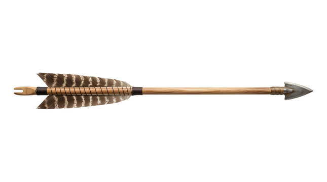 Traditional wooden arrow with natural feathers isolated on white background