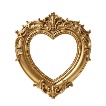 Gold picture frame, heart shaped baroque vintage frame, ornate floral scrollwork isolated on transparent background