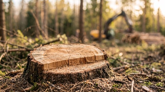 Fresh tree stump in a pine forest with heavy industrial forestry equipment in background
