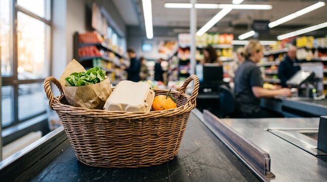 A woven shopping basket filled with fresh produce sits on a supermarket checkout conveyor