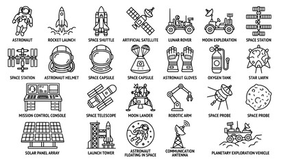 Detailed icons of space exploration and astronomy in clean linear style with exploration © Antora