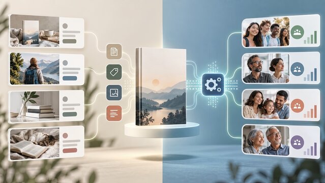 Book marketing automation concept showing a central book connected to content cards, audience groups, analytics, and digital workflow icons.