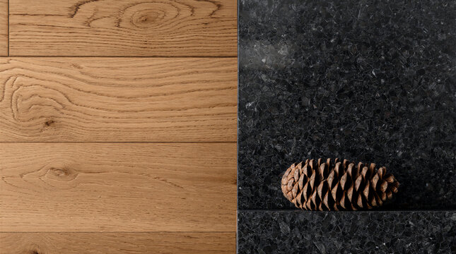 Architectural detail showing 35mm hand-hewn white oak wall cladding meeting 25mm polished basalt with 15mm shadow gap