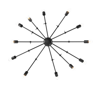 Modern black sputnik ceiling light fixture with multiple glowing bulbs on white background