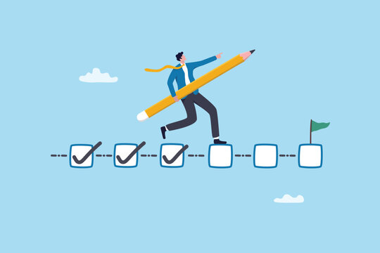 Project checklist progress, completion report or accomplishment tick, assessment or approval document, task list or finish check, businessman with pencil tick checkbox for completion progress.