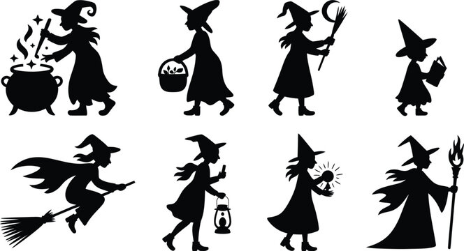 Collection of eight black silhouettes of witches in various poses, including stirring a cauldron, flying on a broomstick, and holding a crystal ball