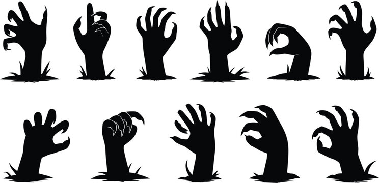Collection of zombie hand silhouettes emerging from the ground, isolated black shapes of undead arms and clawed fingers for scary halloween themed projects