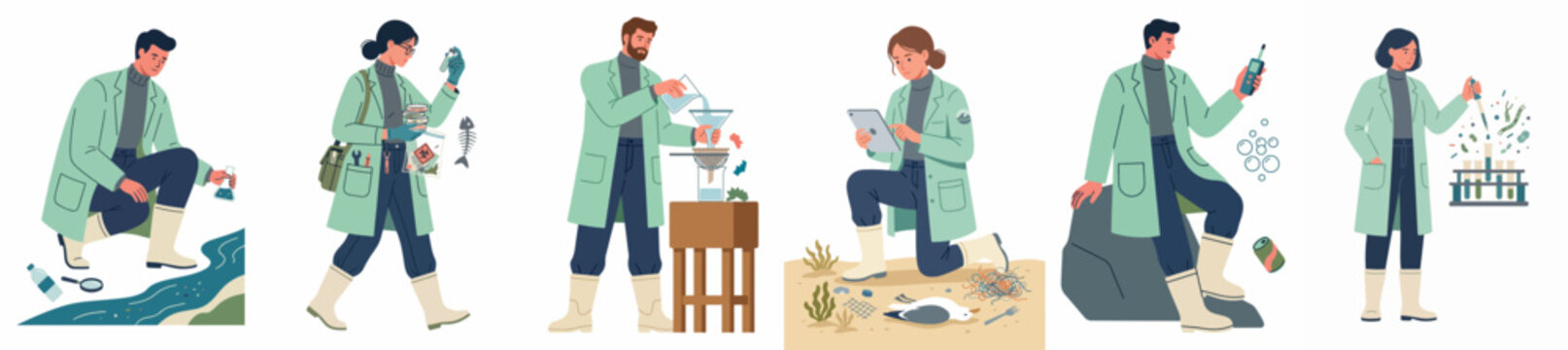 Set of diverse environmental scientists and ecologists conducting field research, water sampling, data collection, and biological studies in flat illustration style.