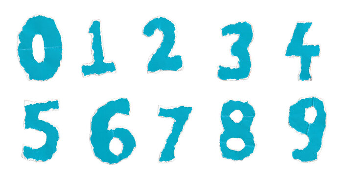Set of 0-9 digits hand-cut from hard cyan paper with torn white edges. Isolated typographic elements on a transparent background, perfect for scrapbooking and DIY collage designs. 