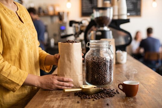 Mulher comprando caf&eacute; em gr&atilde;os a granel e colocando produto em embalagem de papel em cafeteria