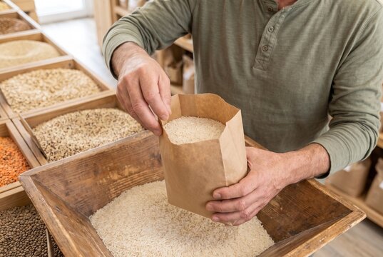 Hombre comprando arroz a granel y llenando una bolsa de papel en tienda de alimentos sin envases