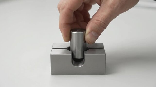 Hand Inserts Metal Cylinder Into Precision Tolerance Gauge On White Surface