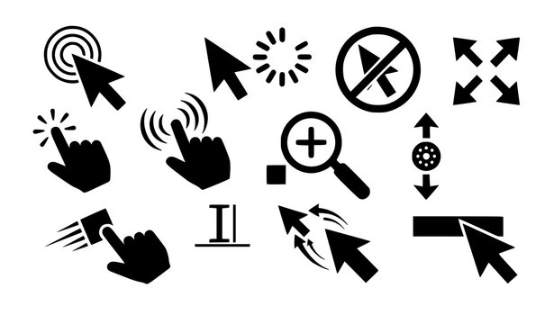 Mouse pointer cursor and click animation icon set for web interface and app UI vector illustration