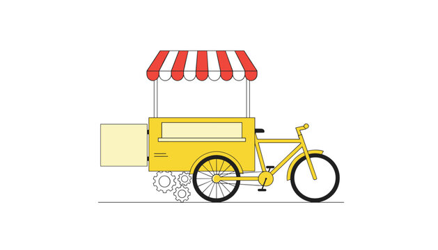 Yellow mobile food cart bicycle with a red and white striped canopy canopy stands against a white background.