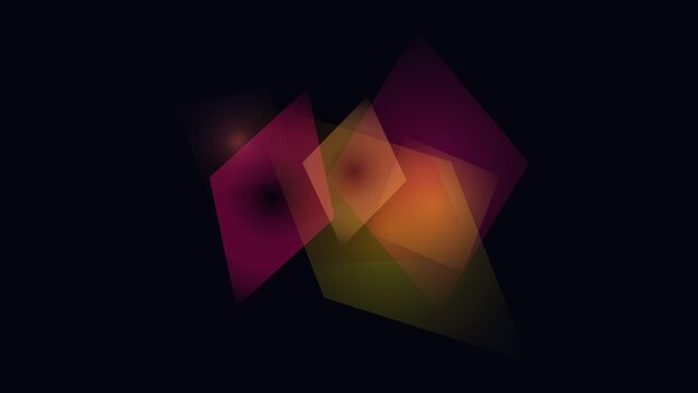 Translucent geometric panels float against a dark background with overlapping gradients of magenta, amber, and olive hues.