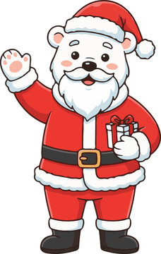 Waving Santa Polar Bear Cartoon Character Holding a Gift Box on White Background