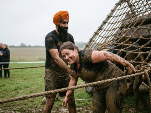 Muddy obstacle course racers tackling a rope net in a team challenge