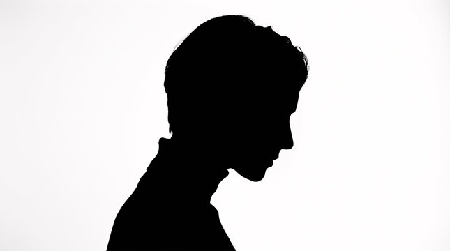 A bold black silhouette of a young man with tousled hair, seen in profile with his head tilted downward against a light background. 