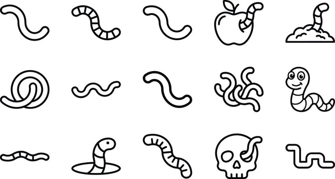 Cute earthworm vector icon set featuring various minimalist linear styles on transparent background