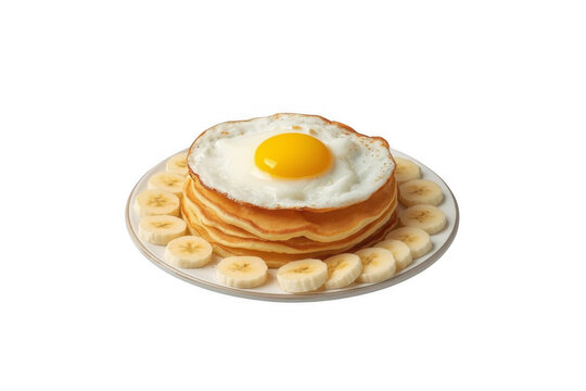 Pancake stack topped with fried egg and surrounded by banana slices isolated on transparent background
