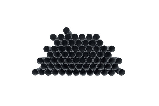 Stack of black hollow cylindrical tubes isolated on transparent background
