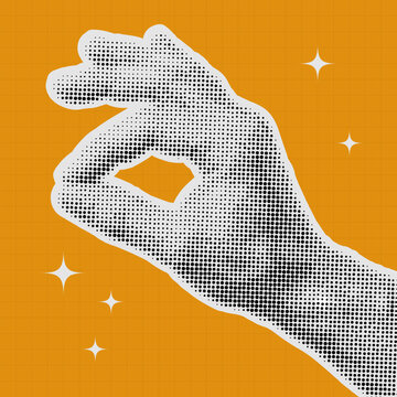 Pop art style halftone hand gesture making an ok sign with sparkling stars on orange background