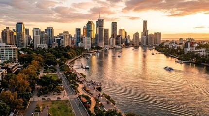 Fototapeta premium A stunning aerial view of a bustling city skyline reflecting sunset hues over a winding river, highlighting thriving real estate developments along the waterfront park walkway