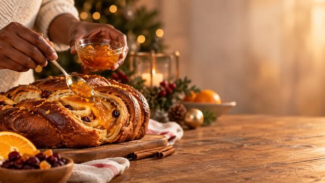 Hands spoon orange sauce over sliced rolled cake on wooden board. Spiral cake with berries and citrus. Homemade dessert and baking. Sweet treat for gatherings and food styling.