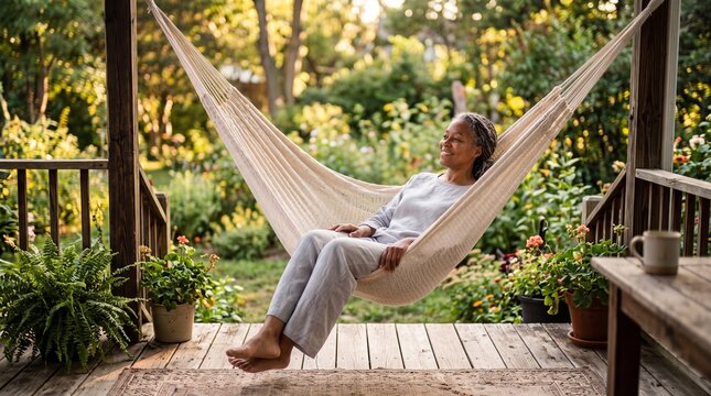 Mature African American Woman Relaxing in Porch Hammock