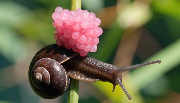 Macro shot of a dark brown snail with bright pink eggs on a green stem