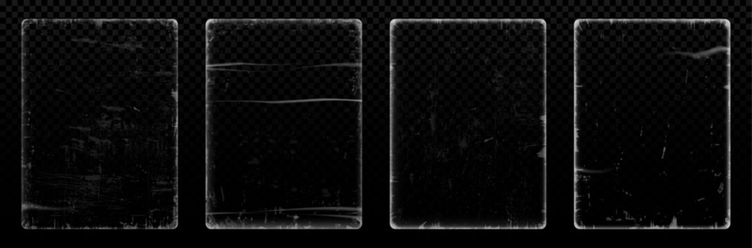 Vintage plastic texture set with 4 transparent film overlays, scratched polyethylene wrap textures, realistic wrinkled plastic packaging vector