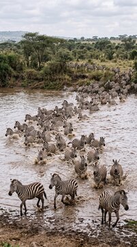 Slender zebra herd stampeding across river