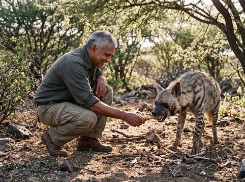 Striped hyena scavenging dry bone fragments