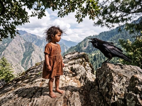 South Asian toddler observing raven on windy rocky outcrop